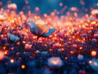 Poster - Glowing flower field, night, fantasy, digital art, website banner