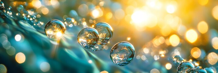Wall Mural - Sparkling Morning Dewdrops on Green Leaves, A Beautiful Green Background With Sunny Bokeh.