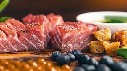Poster - Exquisite Gourmet Dish Featuring Fresh Protein, Starch, and Vibrant Vegetables on a Wooden Board