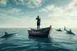 © Daria - A woman in business attire on a boat amidst sharks  a symbolic scene of calm and danger