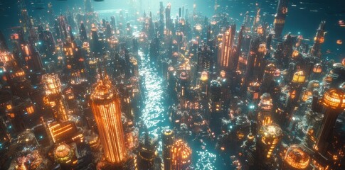 Poster - Futuristic city aerial view, glowing towers, river, night