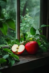 Wall Mural - Fresh Red Apple on Wooden Sill with Natural Green Background