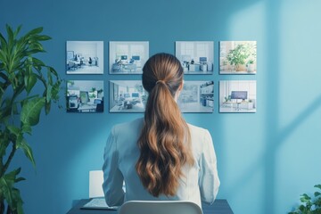 Poster - Businesswoman Analyzing Computer Screens Displaying Modern Office Interiors, Workspaces, And Designs