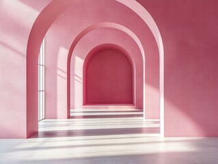 Poster - Pink arched hallway, sunlight, interior design, background empty