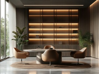 Poster - Modern office meeting room, wood decor, city view, presentation
