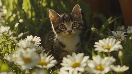 Wall Mural - Kitten in flower field