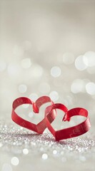Poster - Two intertwined red ribbons forming heart shapes rest on a sparkling glitter background with soft, romantic lighting, creating a perfect image for valentine's day or other romantic occasions