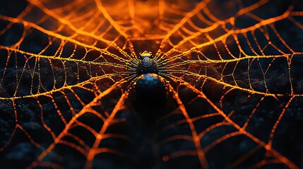 An intricate spiderweb pattern weaves together shades of orange and black