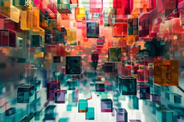 Poster - A sea of vibrant topaz color surrounds a multitude of colorful cubes, seemingly suspended in mid-air, Fragmented structures suspended in a sea of vibrant colors