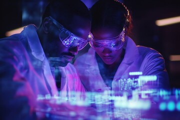 Poster - Scientists collaborating on innovative research in a high-tech laboratory at night