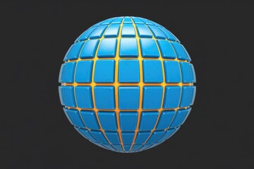 Poster - 3D rendering of a blue sphere composed of square tiles with yellow seams, creating a geometric pattern.