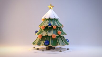 Poster - A stylized 3D Christmas tree adorned with orange and blue baubles, topped with a star and snow.