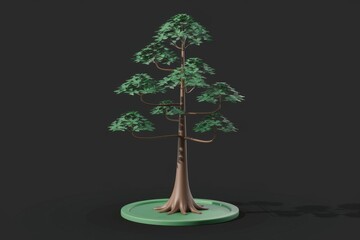 Poster - Stylized 3D model of a tree with a thick trunk and lush green foliage, rendered on a dark background.