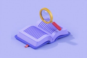 Poster - A magnifying glass rests on an open book, symbolizing research, learning, and discovery.