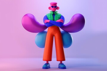Poster - Stylish 3D character with colorful abstract wings, arms crossed, confident pose.