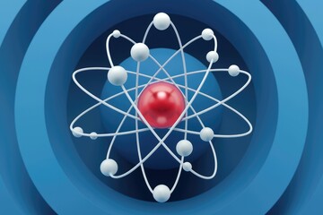 Poster - A 3D model of an atom, showing the nucleus and orbiting electrons, illustrating atomic structure.