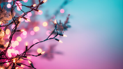 Wall Mural - christmas lights with pine branches and pink bokeh background. holiday decoration concept