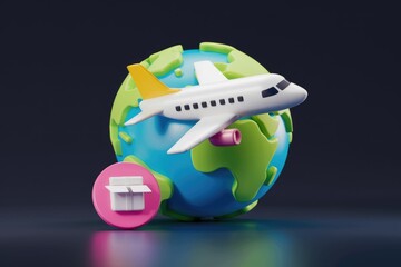 Poster - Airplane circling globe, symbolizing global shipping and travel.