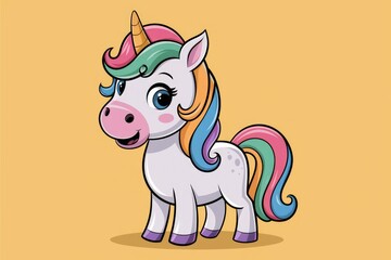 Poster - Adorable cartoon unicorn with rainbow mane and tail, standing on a yellow background.