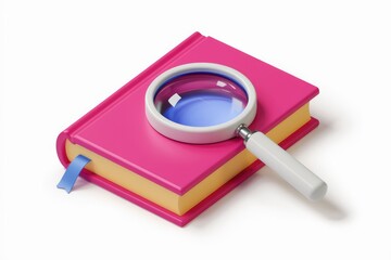 Fototapete - A pink book with a magnifying glass on it, symbolizing research and knowledge discovery.