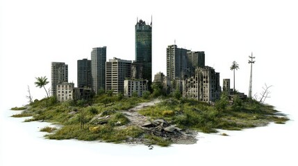 Poster - 3D illustration of ruined skyscrapers buildings in a post-apocalyptic cityscape, showcasing collapsed structures and urban decay isolated on a white background, symbolizing destruction and disaster