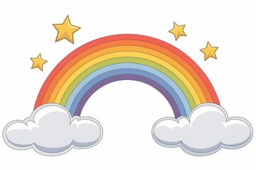Aufkleber - A vibrant rainbow arches over fluffy clouds, adorned with sparkling golden stars.