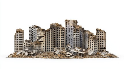 Fototapete - 3D illustration of ruined skyscrapers buildings in a post-apocalyptic cityscape, showcasing collapsed structures and urban decay isolated on a white background, symbolizing destruction and disaster