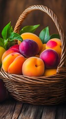 Wall Mural - 6. A close-up of a fruit basket filled with juicy peaches, apricots, and plums on a rustic surface