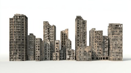 Poster - 3D illustration of ruined skyscrapers buildings in a post-apocalyptic cityscape, showcasing collapsed structures and urban decay isolated on a white background, symbolizing destruction and disaster