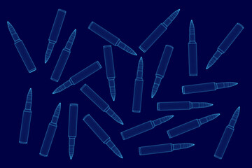 Poster - Blue background with many bullets drawn on it. The bullets are stylized and appear to be in motion. Scene is one of chaos and destruction, as the bullets are scattered all over the background