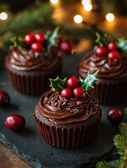 Wall Mural - Cupcakes with chocolate frosting and cranberries