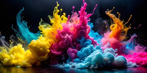 Poster - CMYK Ink Splashes: Vibrant Cyan, Magenta, Yellow, and Black Color Blend Abstract Photography