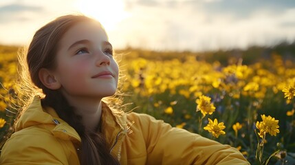 Wall Mural - Girl in Yellow Jacket  Hopeful Gaze  Golden Hour  Flowers