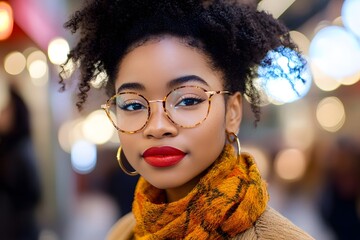 Wall Mural - Stylish Young Woman with Glasses  Afro Hair  and Scarf