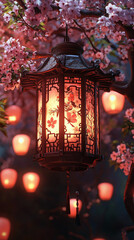 Poster - Ornate lantern with cherry blossom accents glowing in a festive evening setting