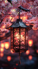 Poster - Traditional lantern with cherry blossoms glowing in a serene evening atmosphere