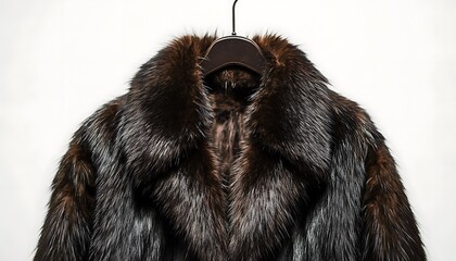 luxurious dark brown fur coat on a hanger, clean white background,