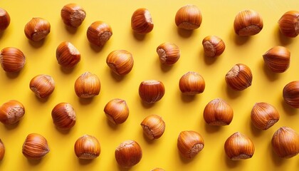 Wall Mural - Hazelnuts on a yellow background 