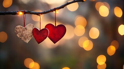 Canvas Print - Three wooden hearts hanging from a branch with bokeh lights.