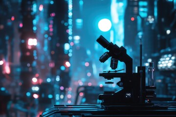 Poster - futuristic laboratory with advanced microscope set against cityscape at night