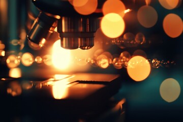 Poster - Close-up of a microscope with glowing lights showcasing intricate specimens at a lab