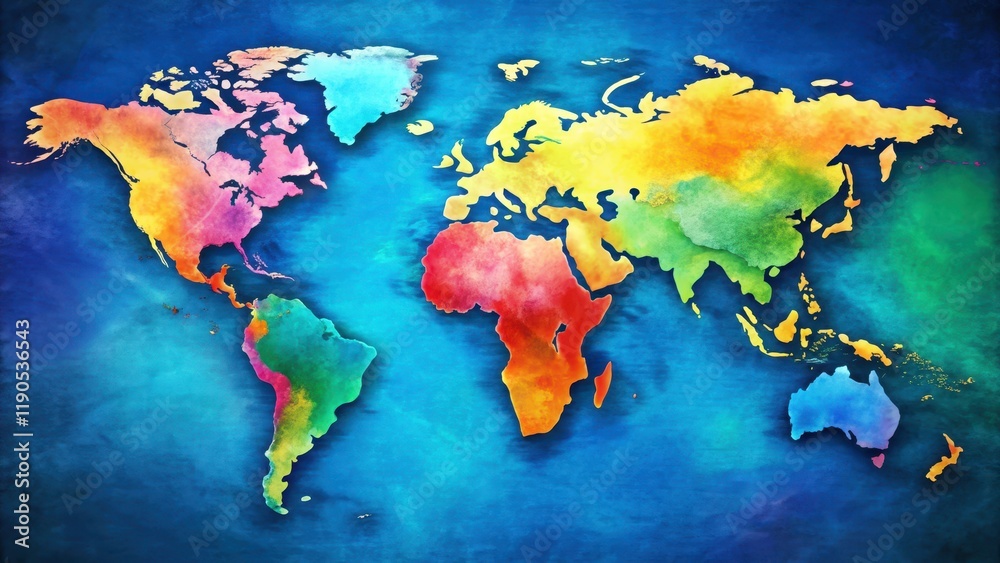 Colorful world map with continents and oceans illustrated in vibrant ...