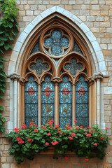 Poster - A closeup Image of a Gothic Window. Intricate details. Created with Generative AI technology