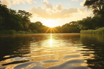 Poster - A golden sunrise over a tranquil lake, with ripples and reflection