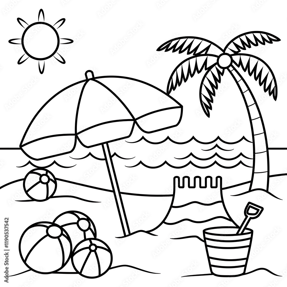 A4 size beach coloring page, A blackandwhite coloring pages