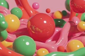 Poster - colorful spheres, cubes, and flowing liquid shapes.