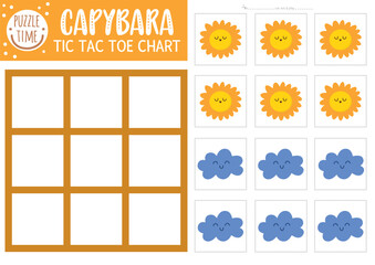 Wall Mural - Vector capybara tic tac toe chart with cute kawaii sun and cloud. Capibara board game playing field with cute characters. Funny printable worksheet. Noughts and crosses grid