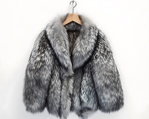 luxurious silver fox fur coat on a hanger, isolated on white,