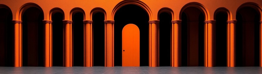 mysterious orange arches: a symmetrical and minimalist shot of a long corridor adorned with orange a