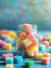 Wall Mural - Colorful Sugar Cubes in Glass Jar